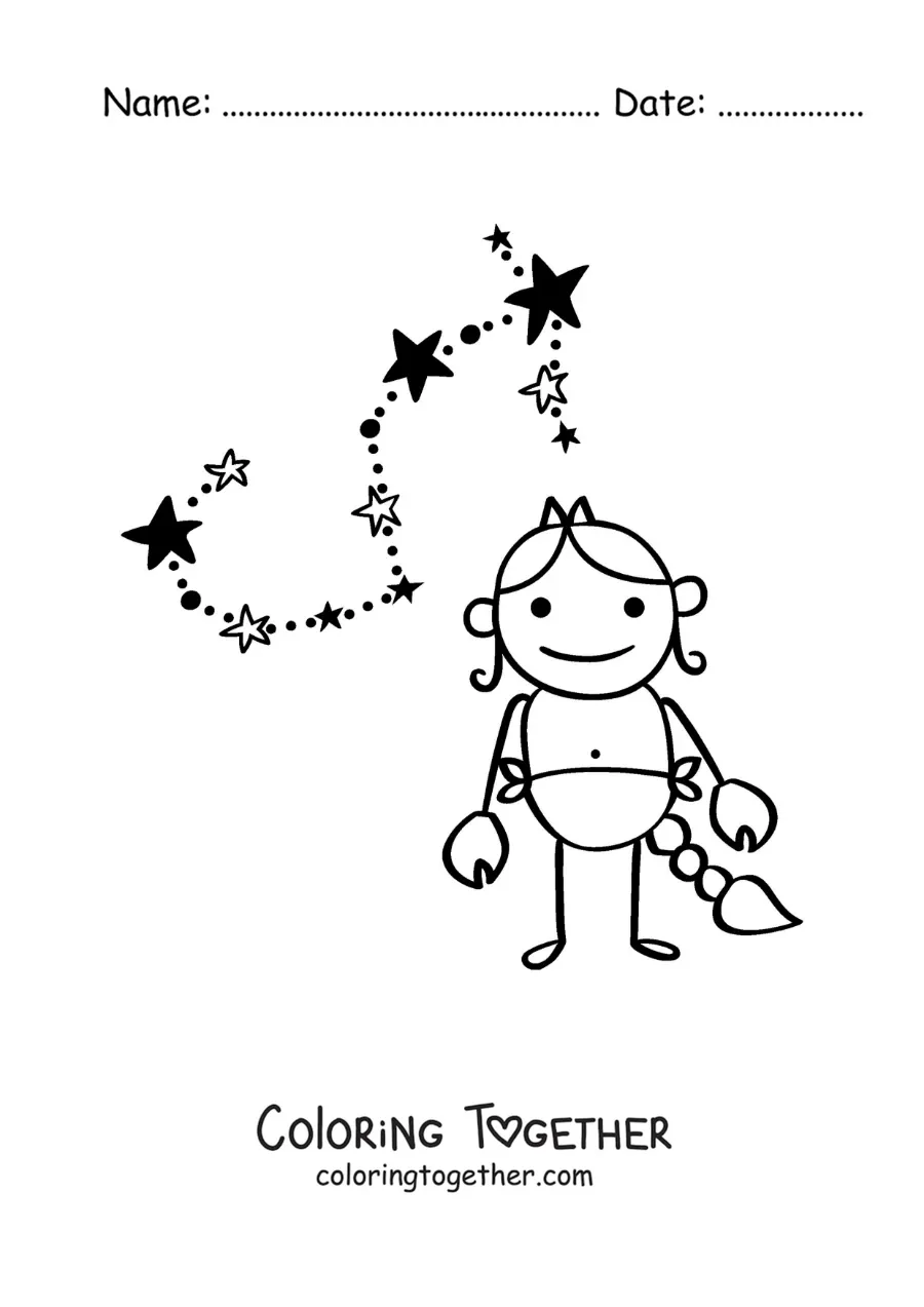 Coloring page of an animated cartoon of the Scorpio sign with its constellation