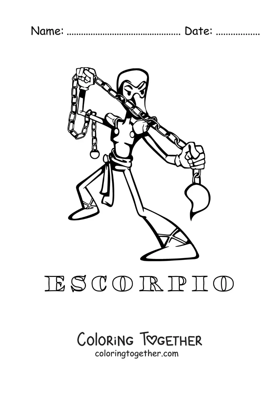 Coloring page of an animated cartoon of the Scorpio sign with its name