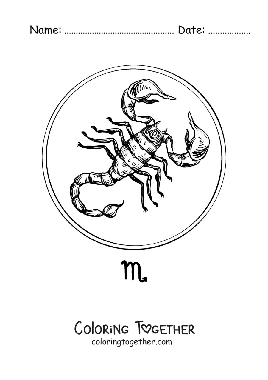 Coloring page of a realistic scorpion of the Scorpio sign