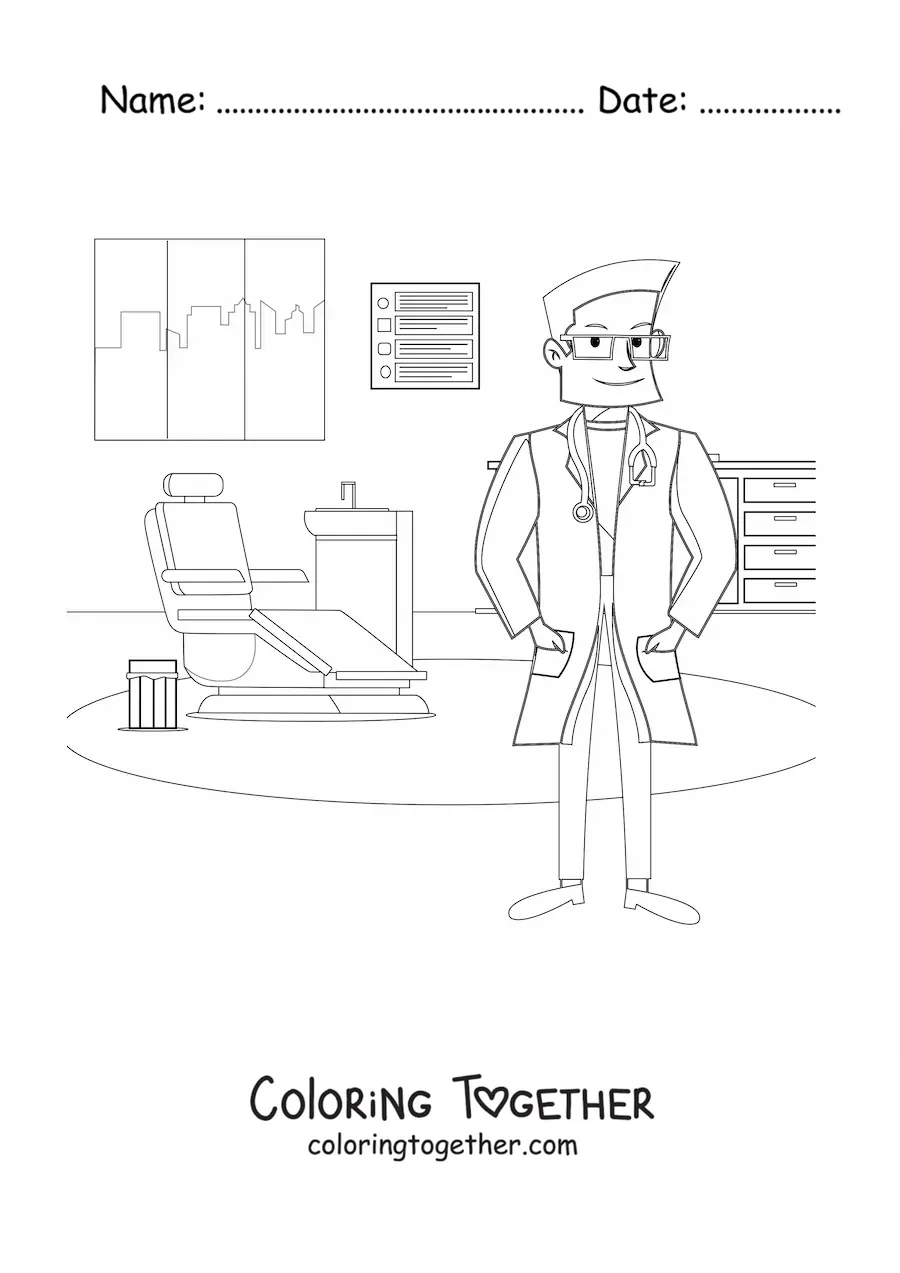 Coloring page of a dentist in their dental office