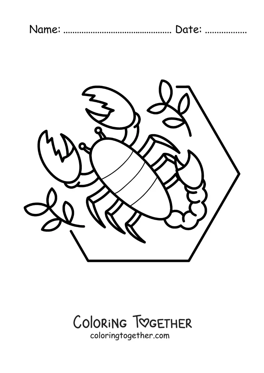 Coloring page of an animated scorpion with leaves