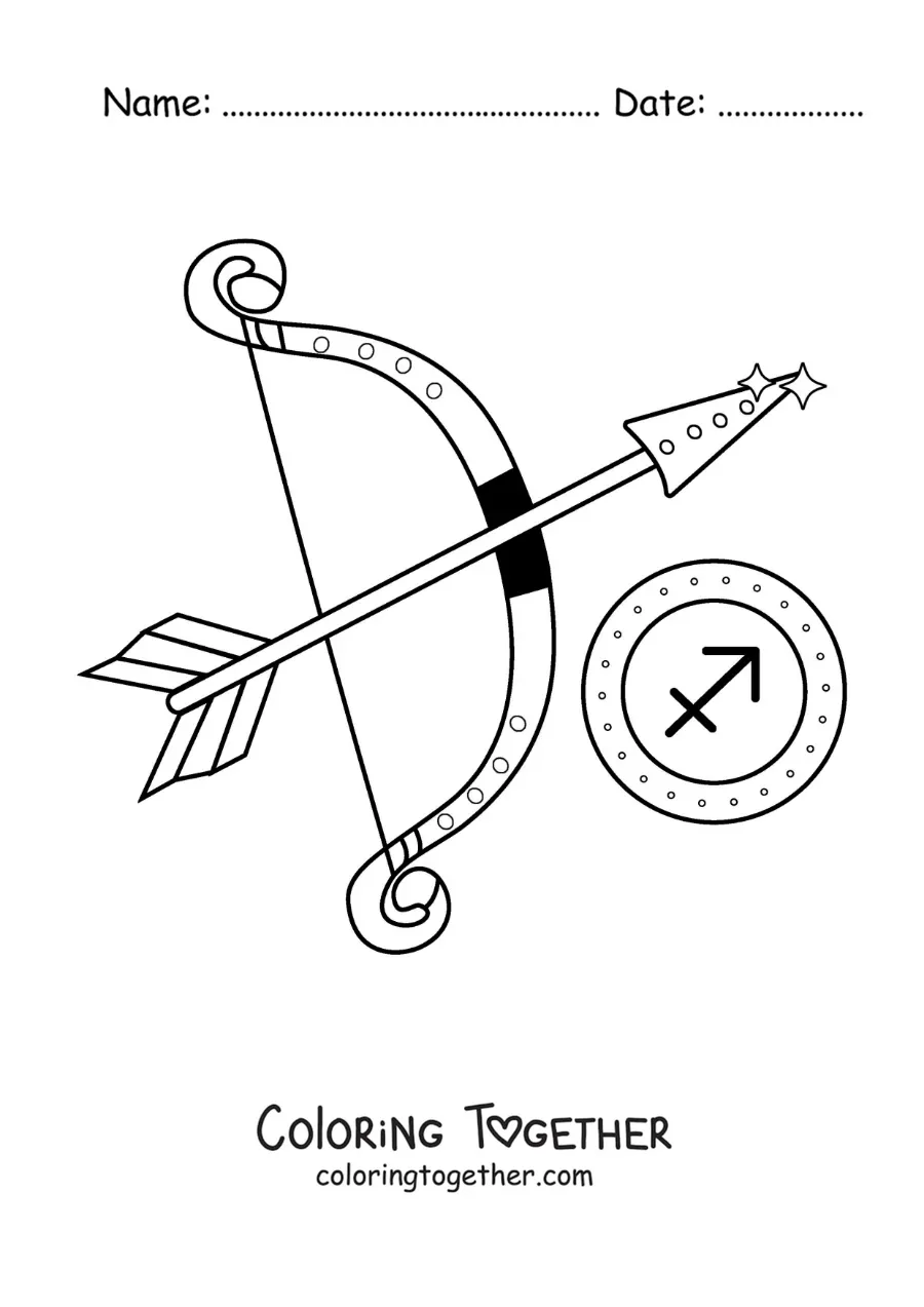 Coloring page of a bow and arrow with the Sagittarius symbol