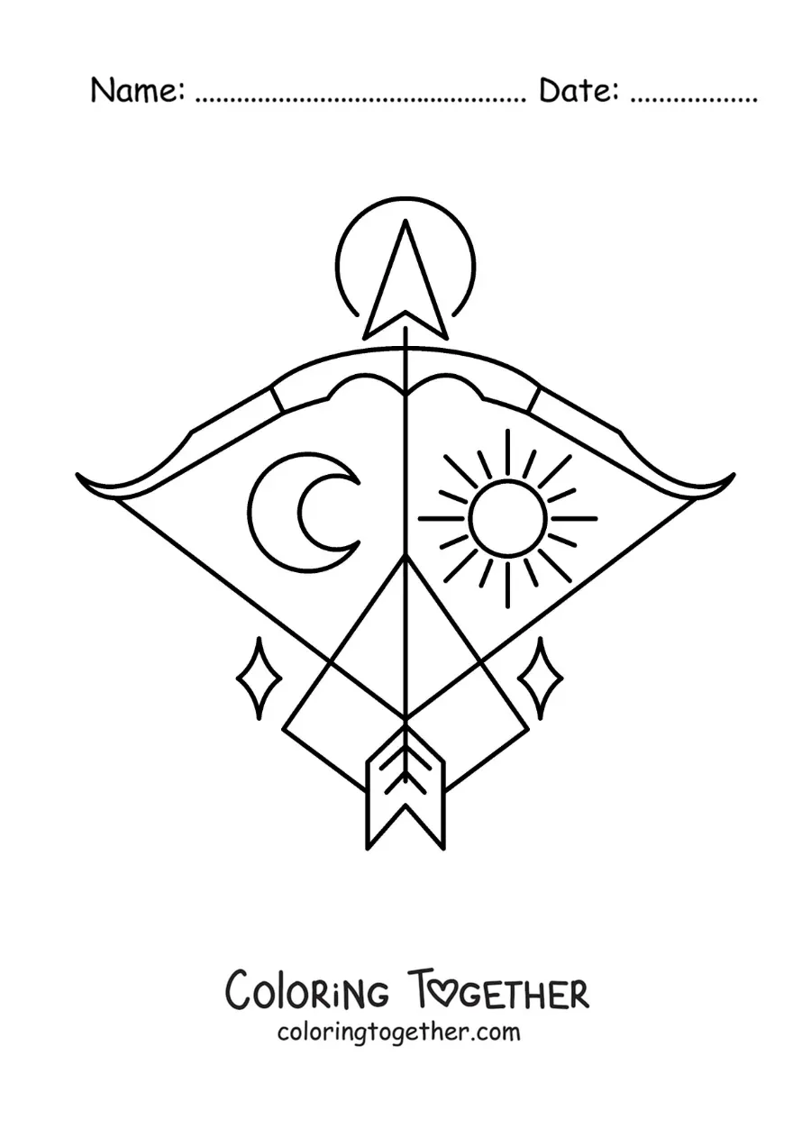 Coloring page of a Sagittarius symbol with the moon and the sun