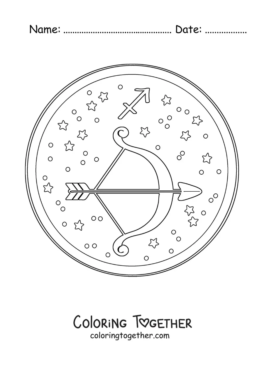 Coloring page of a Sagittarius symbol with stars