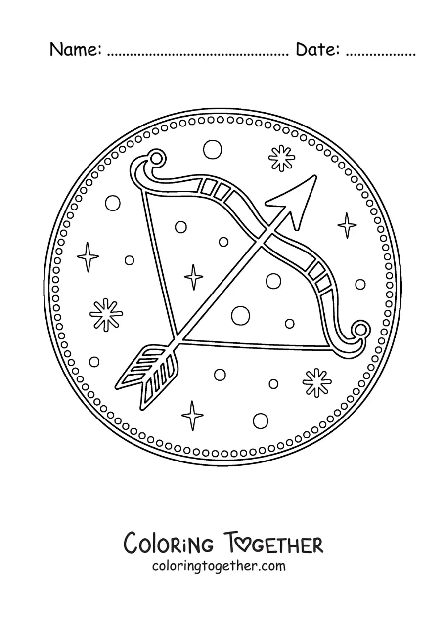 Coloring page of a Sagittarius bow with stars