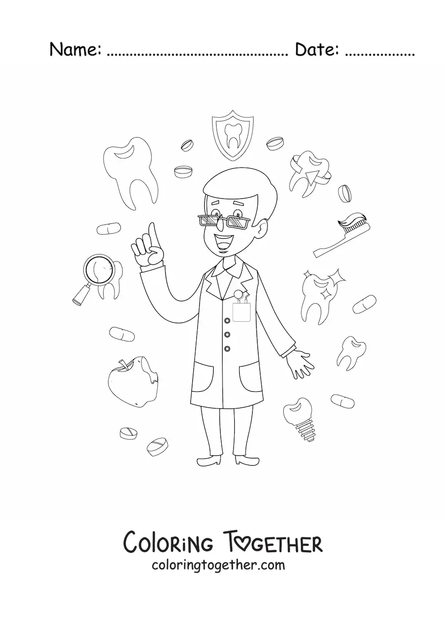 Coloring page of a dentist raising awareness about dental hygiene