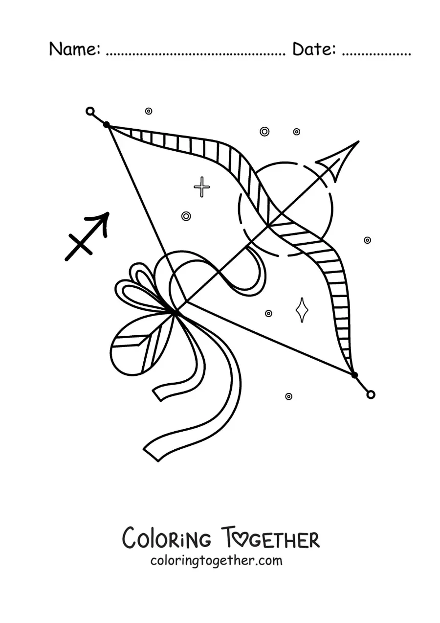 Coloring page of a Sagittarius bow and arrow with its symbol and stars
