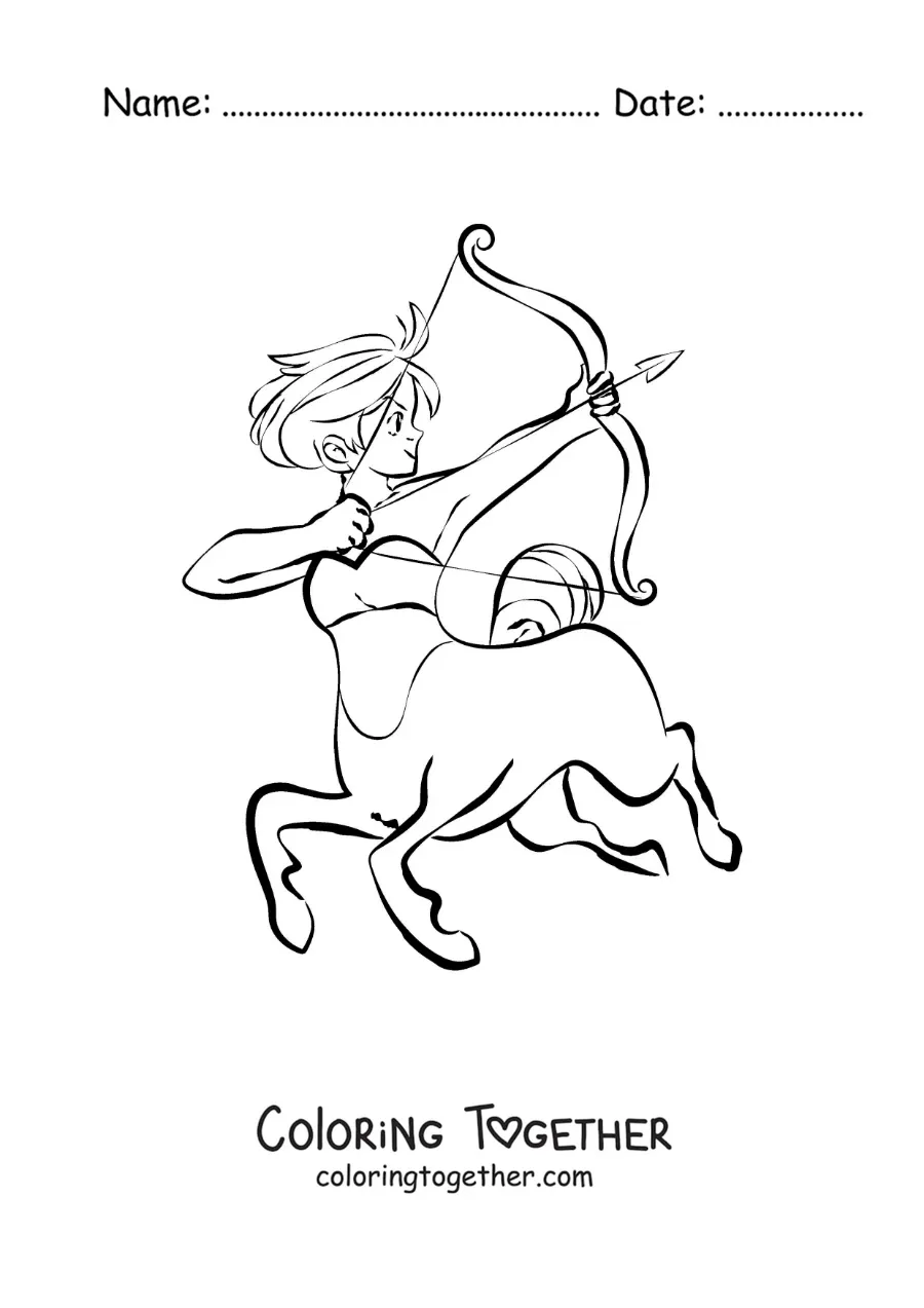Coloring page of an animated archer centaur of the Sagittarius sign