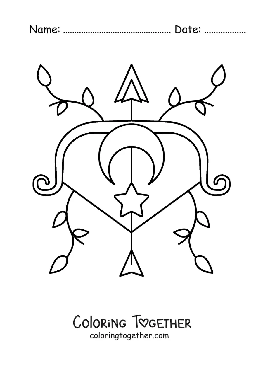 Coloring page of an animated Sagittarius symbol with leaves and celestial bodies