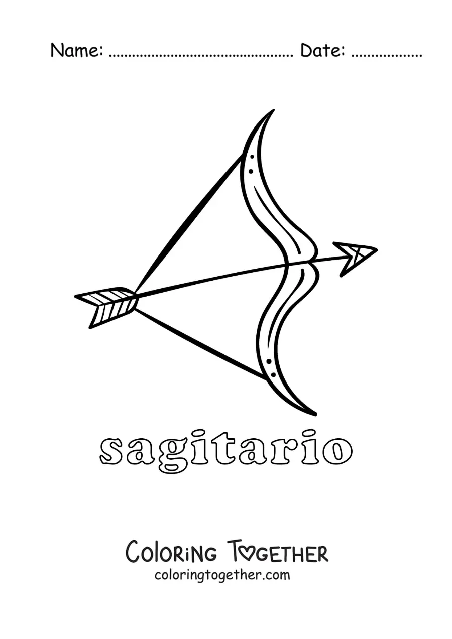Coloring page of the bow of the Sagittarius zodiac sign with its name