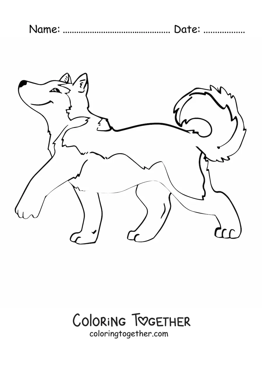 Coloring page of an animated husky walking