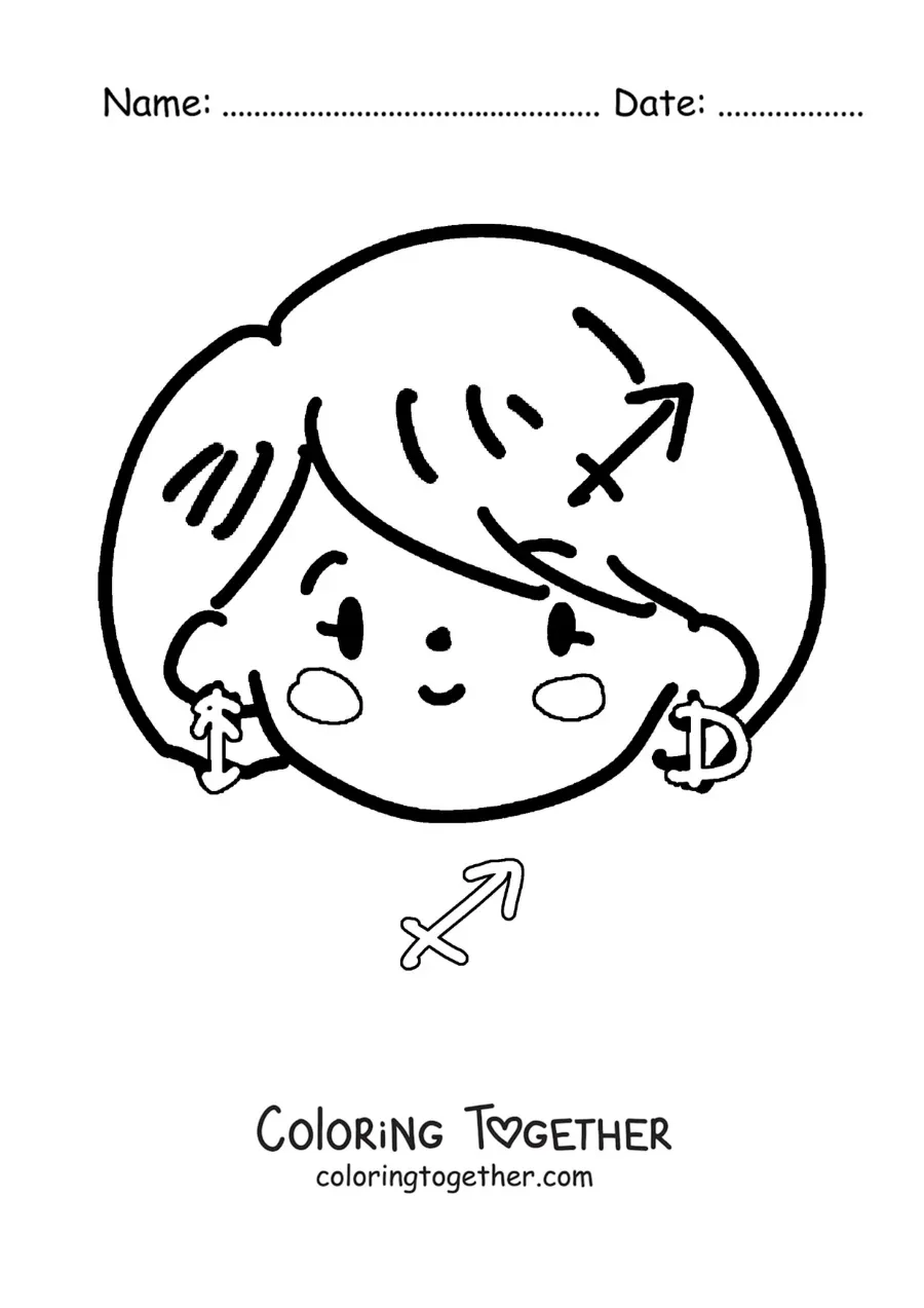Coloring page of an animated kawaii girl of the Sagittarius sign
