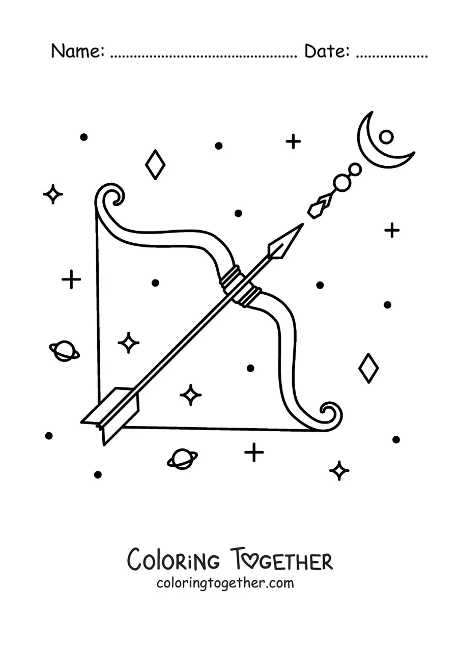 Coloring page of the Sagittarius symbol with celestial bodies