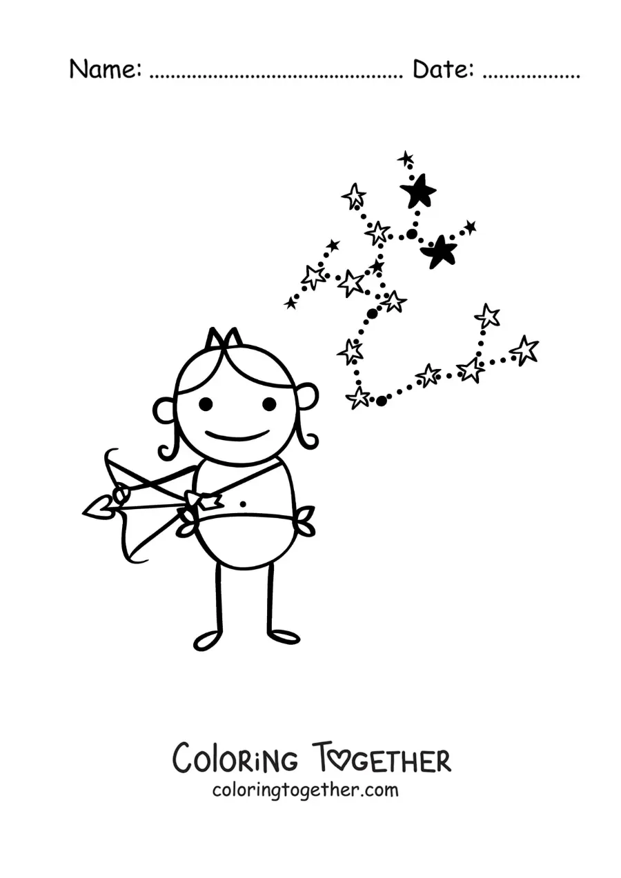 Coloring page of a children's cartoon of Sagittarius with its constellation