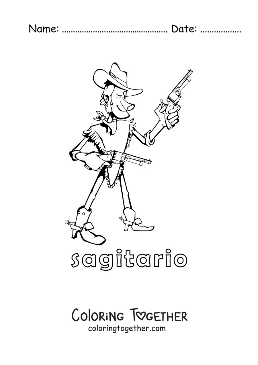 Coloring page of a children's cartoon of a cowboy of the Sagittarius sign with its name