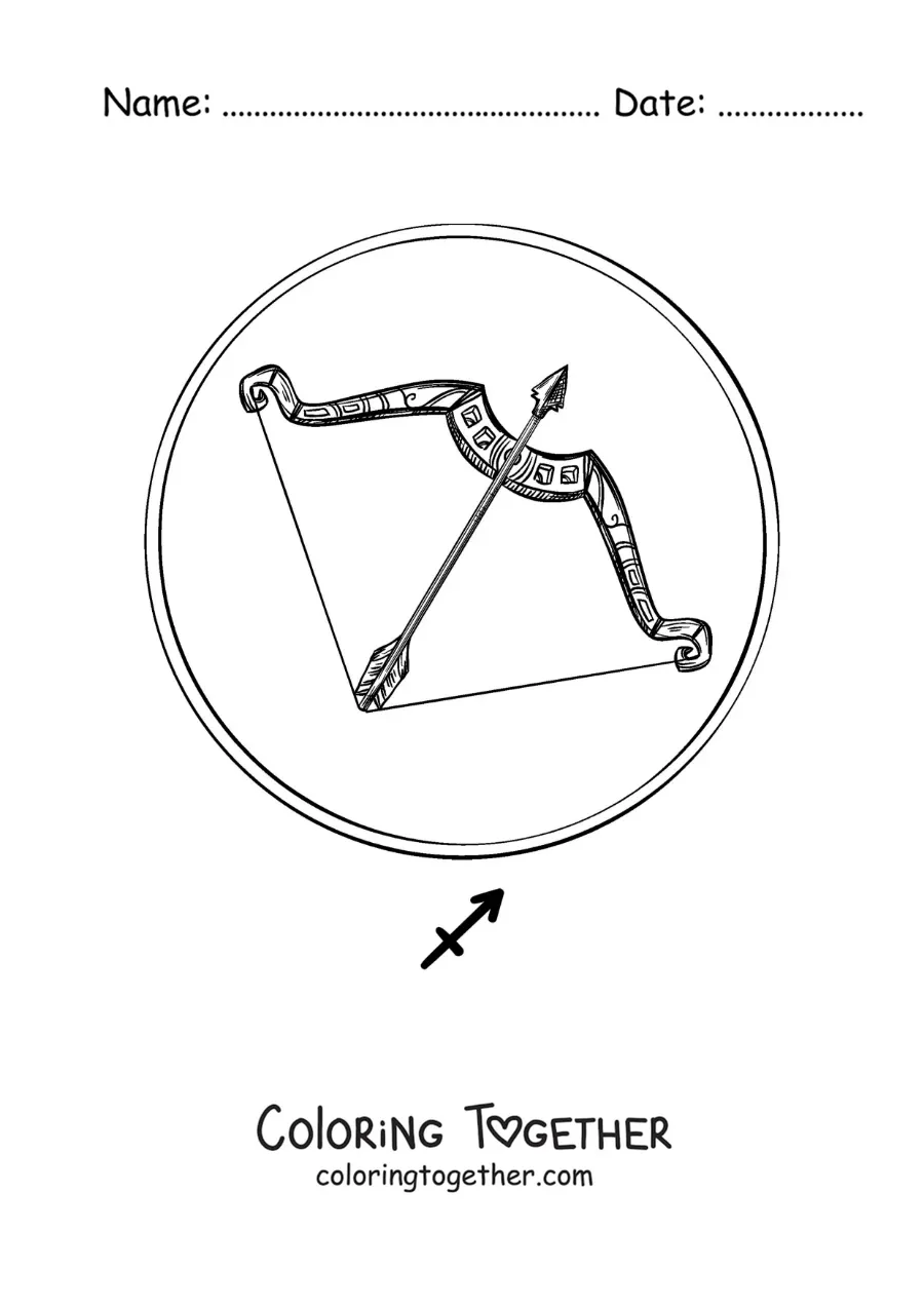 Coloring page of a Sagittarius bow and its symbol