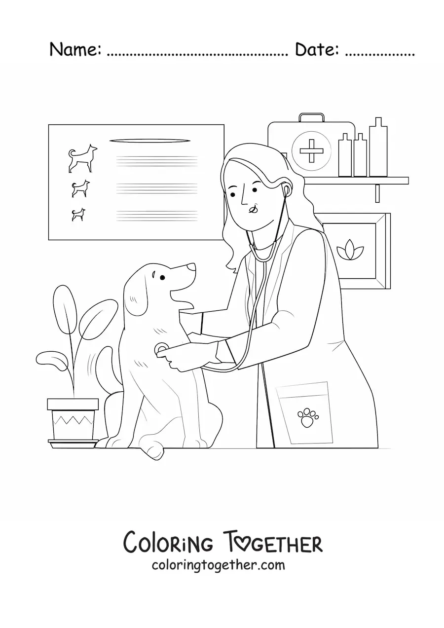 Coloring page of a woman vet examining a dog