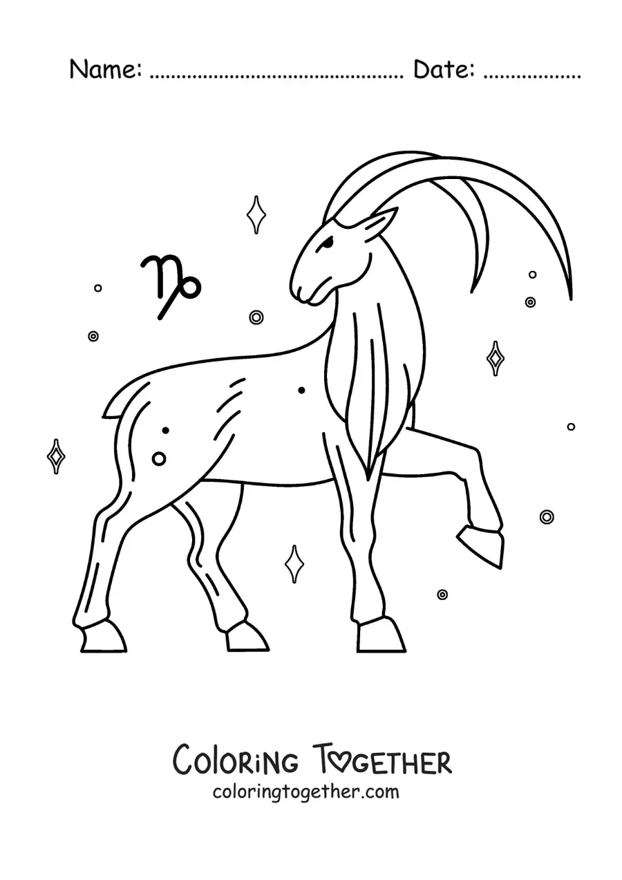 Coloring page of the animated Capricorn goat with its symbol and stars