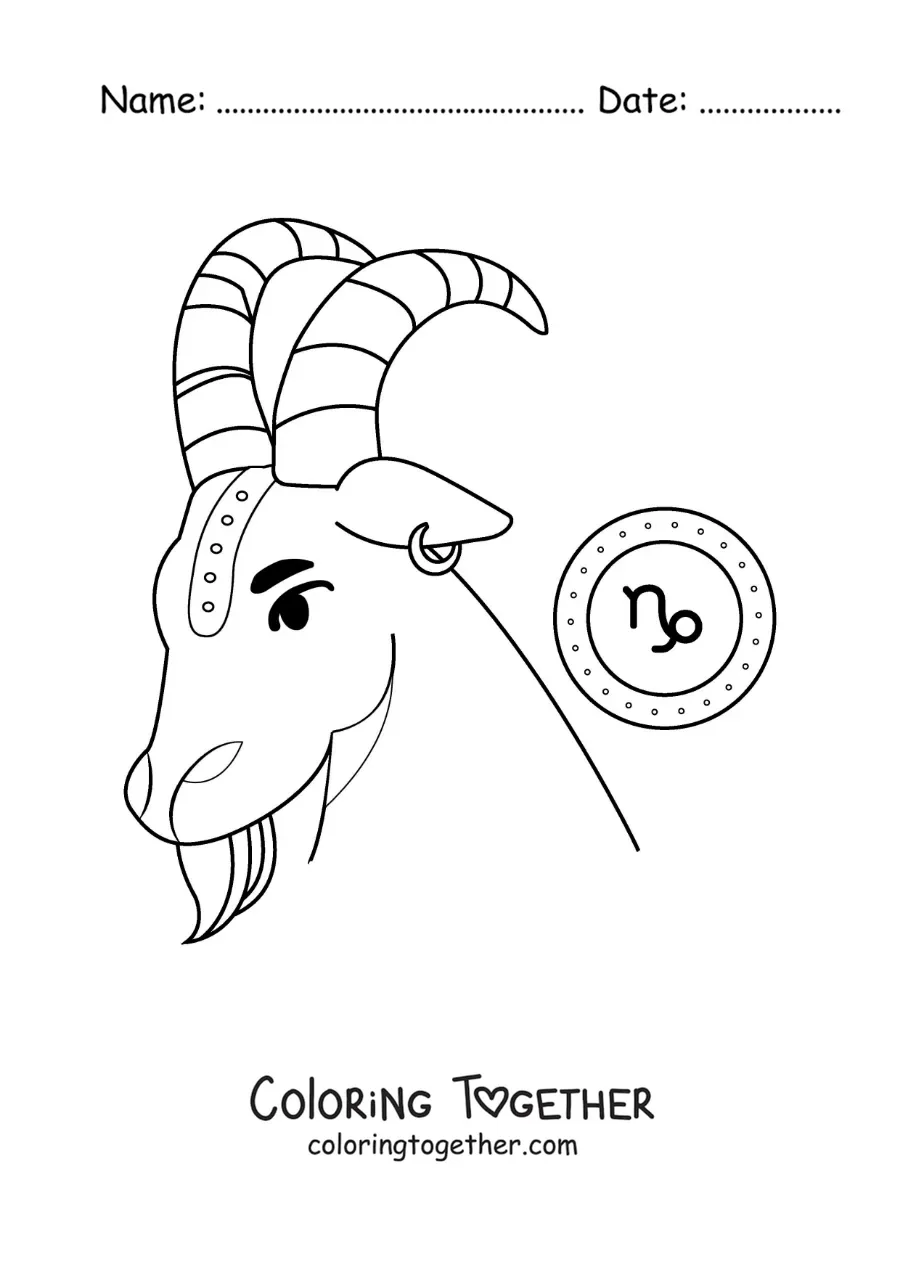 Coloring page of the animated goat of the Capricorn sign with its symbol