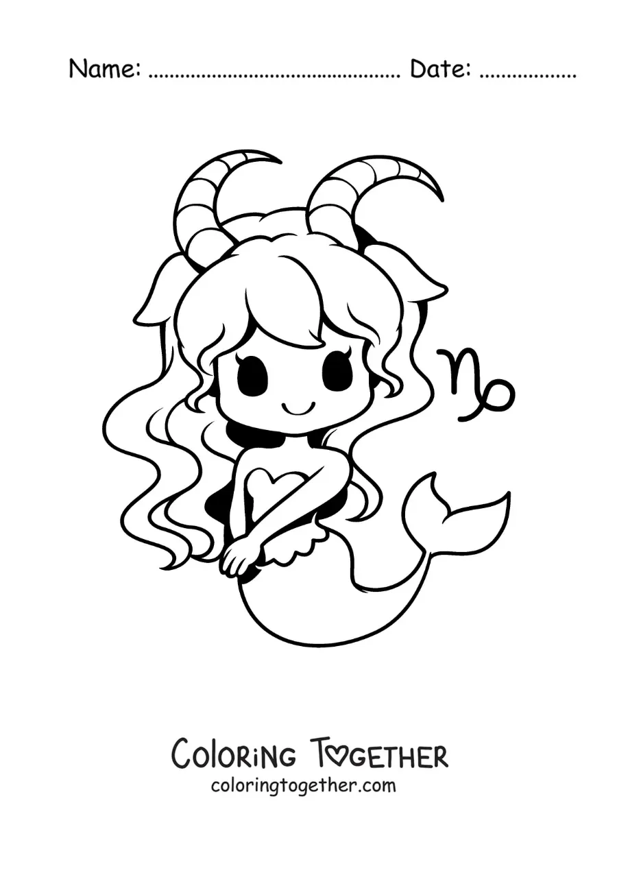 Coloring page of an animated kawaii girl of the Capricorn sign mythology