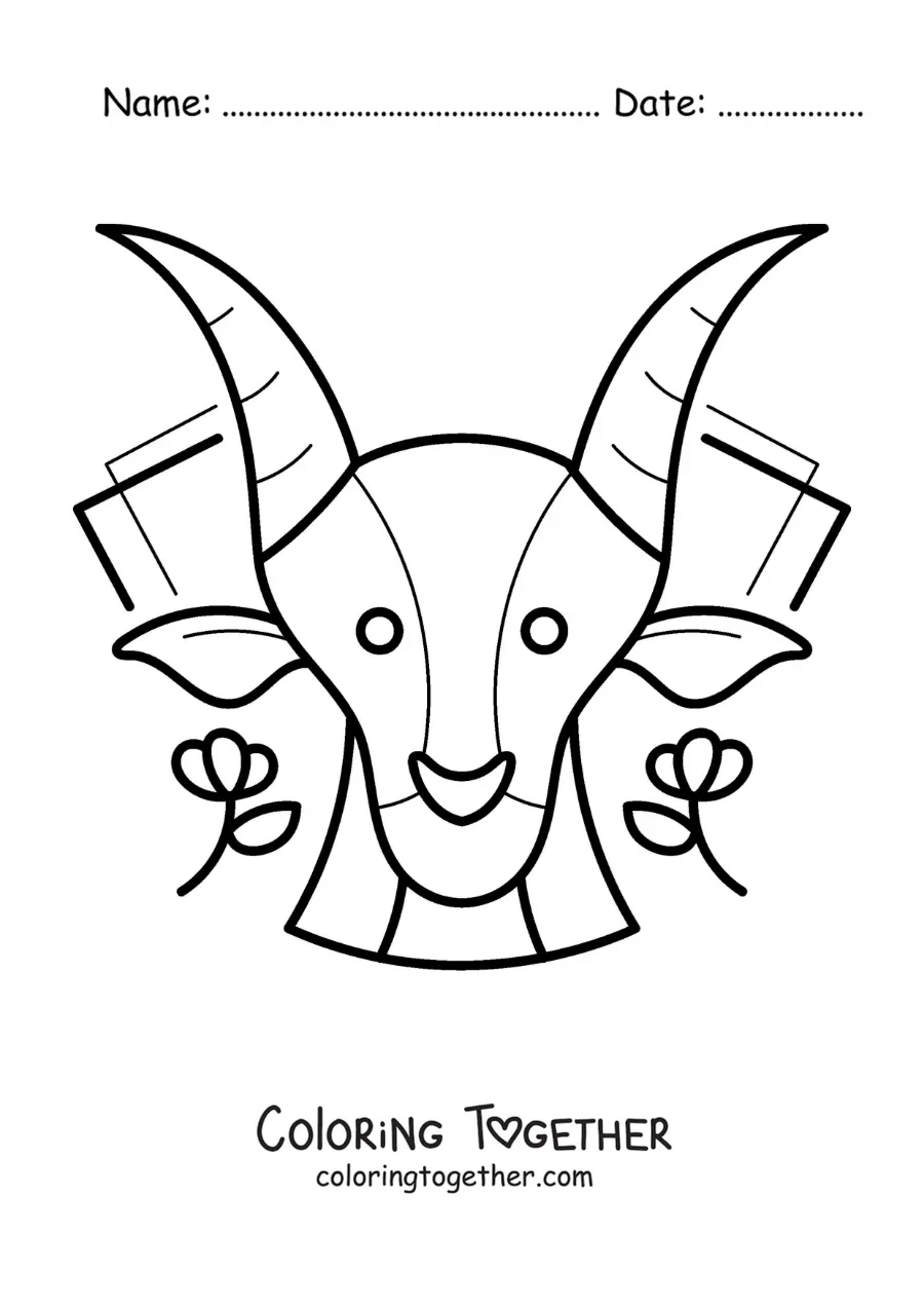 Coloring page of the animated goat of the Capricorn sign with flowers