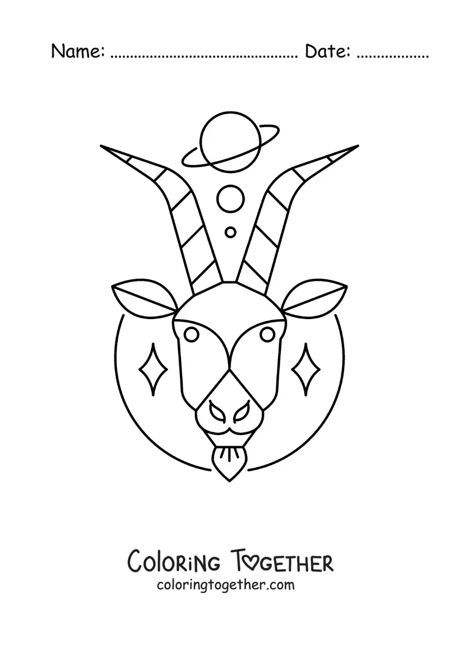 Coloring page of an animated Capricorn symbol with celestial bodies