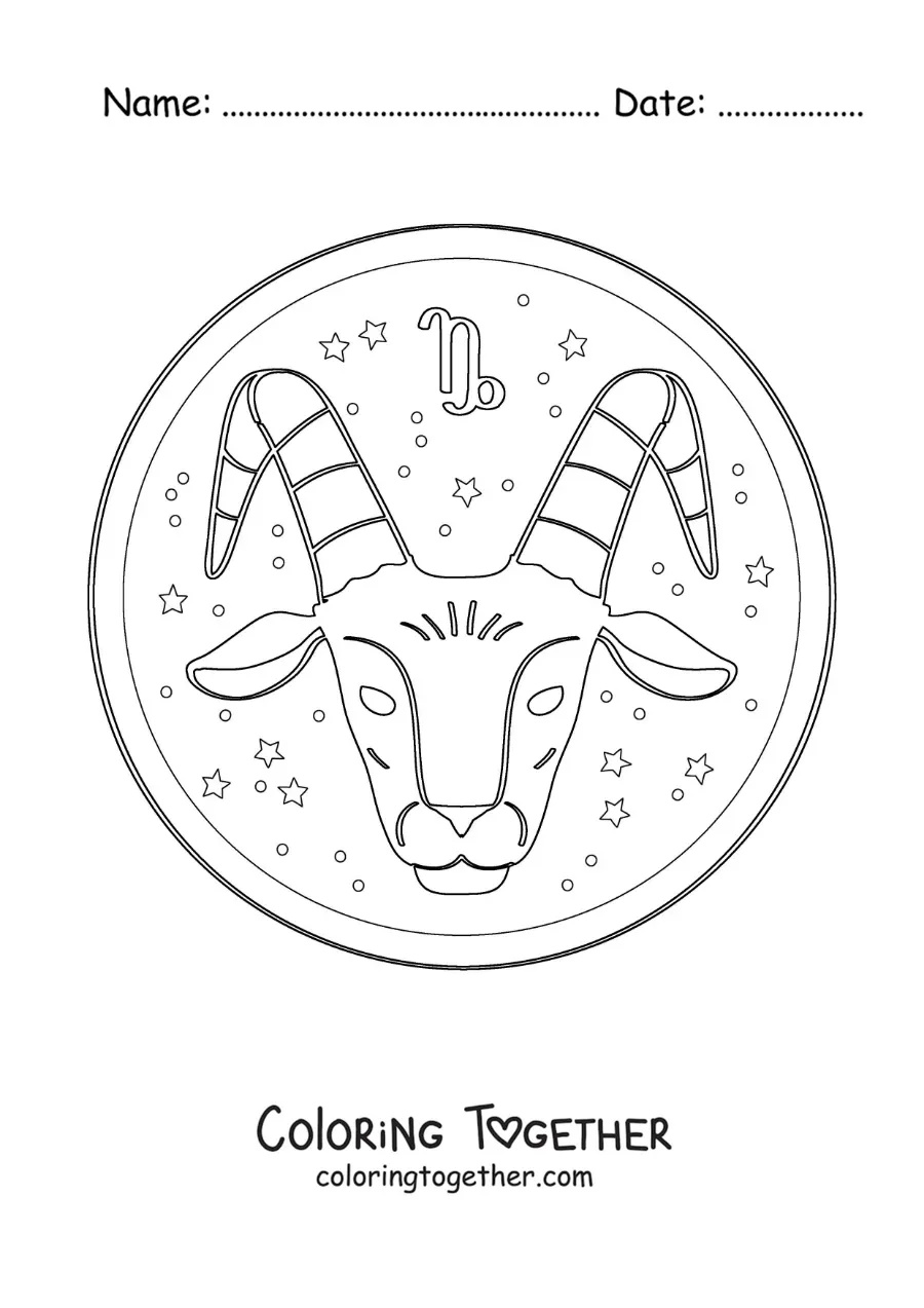 Coloring page of the Capricorn zodiac sign and stars