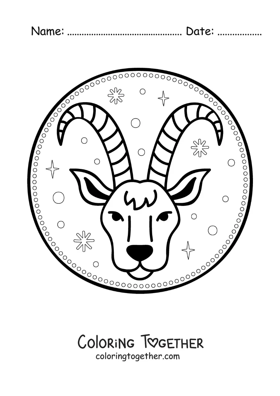 Coloring page of an animated Capricorn zodiac sign symbol with stars