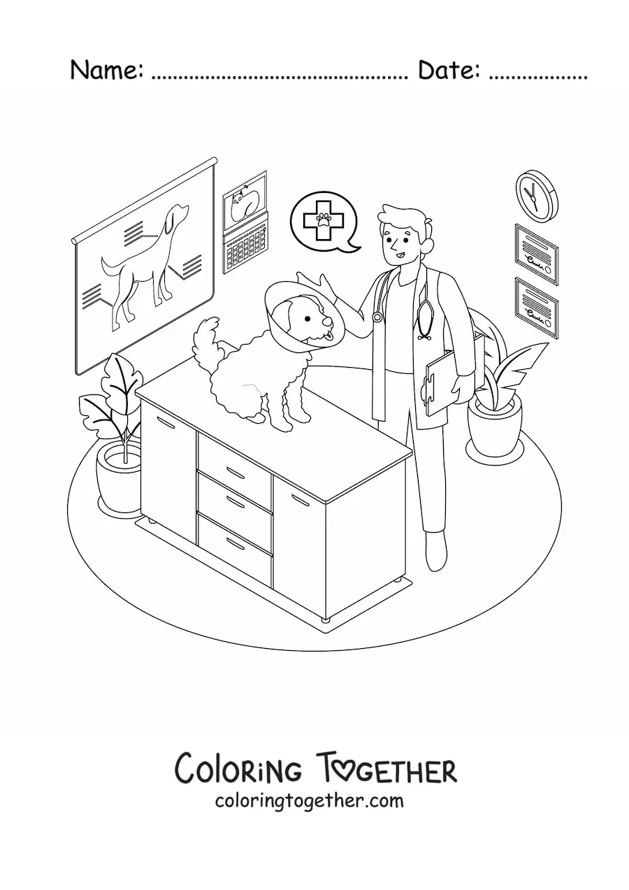 Coloring page of a dog and a vet at the clinic