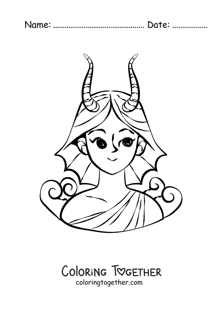 Coloring page of an animated girl of the Capricorn zodiac sign