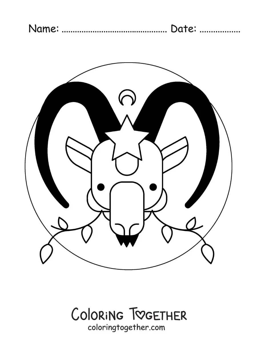 Coloring page of an animated Capricorn goat with stars and leaves
