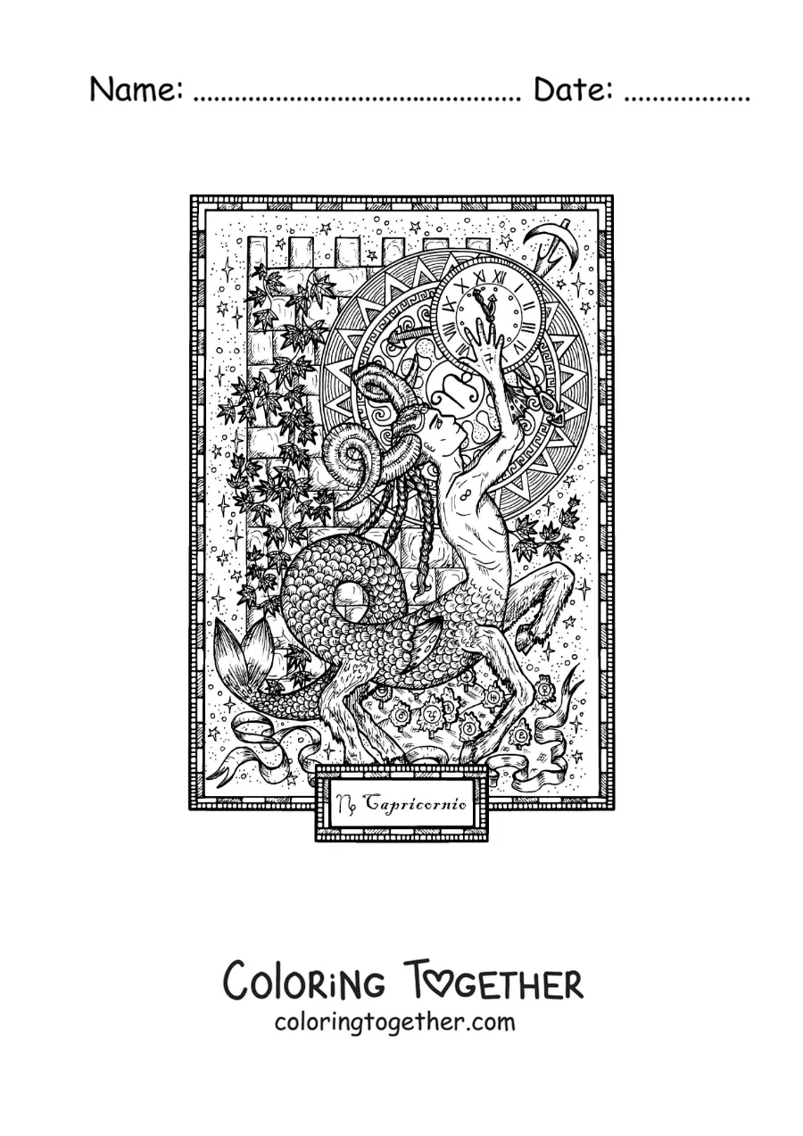 Coloring page of a card of the Capricorn sign