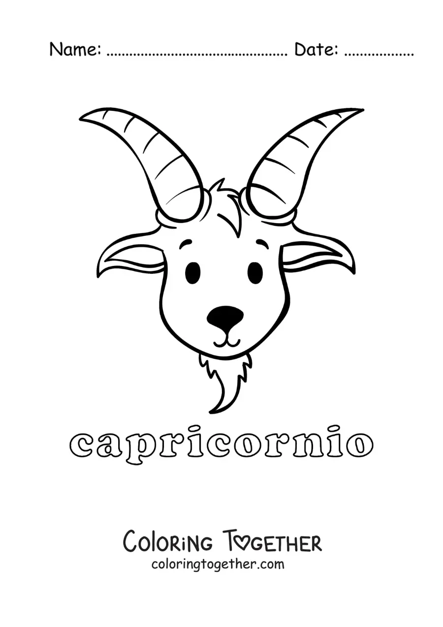 Coloring page of a children's animated Capricorn sign with its name