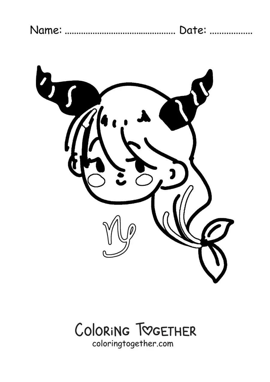 Coloring page of an animated kawaii goat of the Capricorn sign with its symbol
