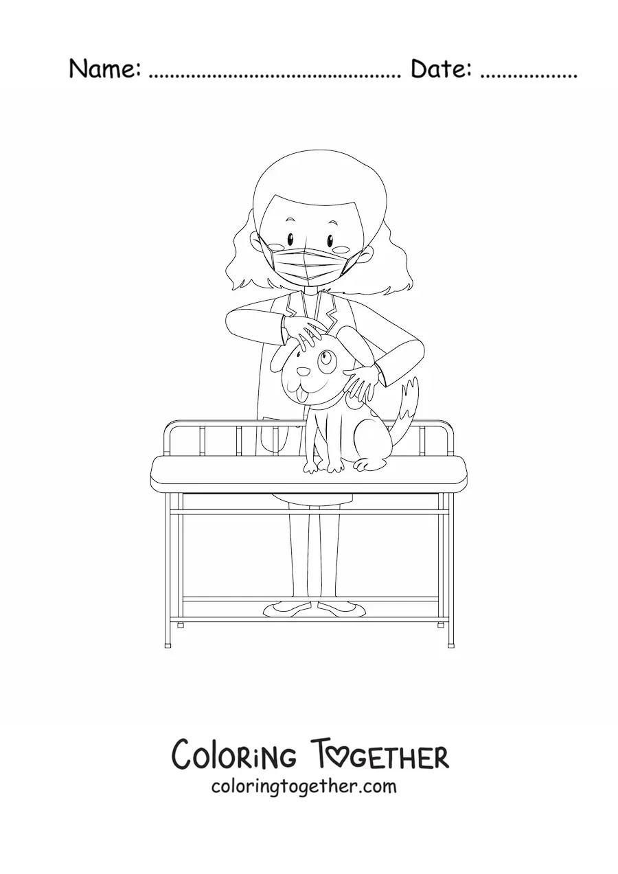 Coloring page of a woman vet wearing a mask checking a dog