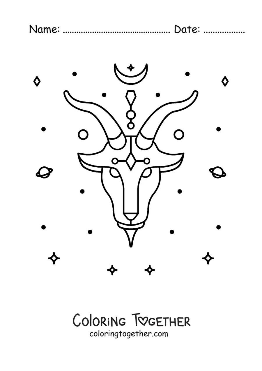 Coloring page of a symbol of the Capricorn sign with celestial bodies