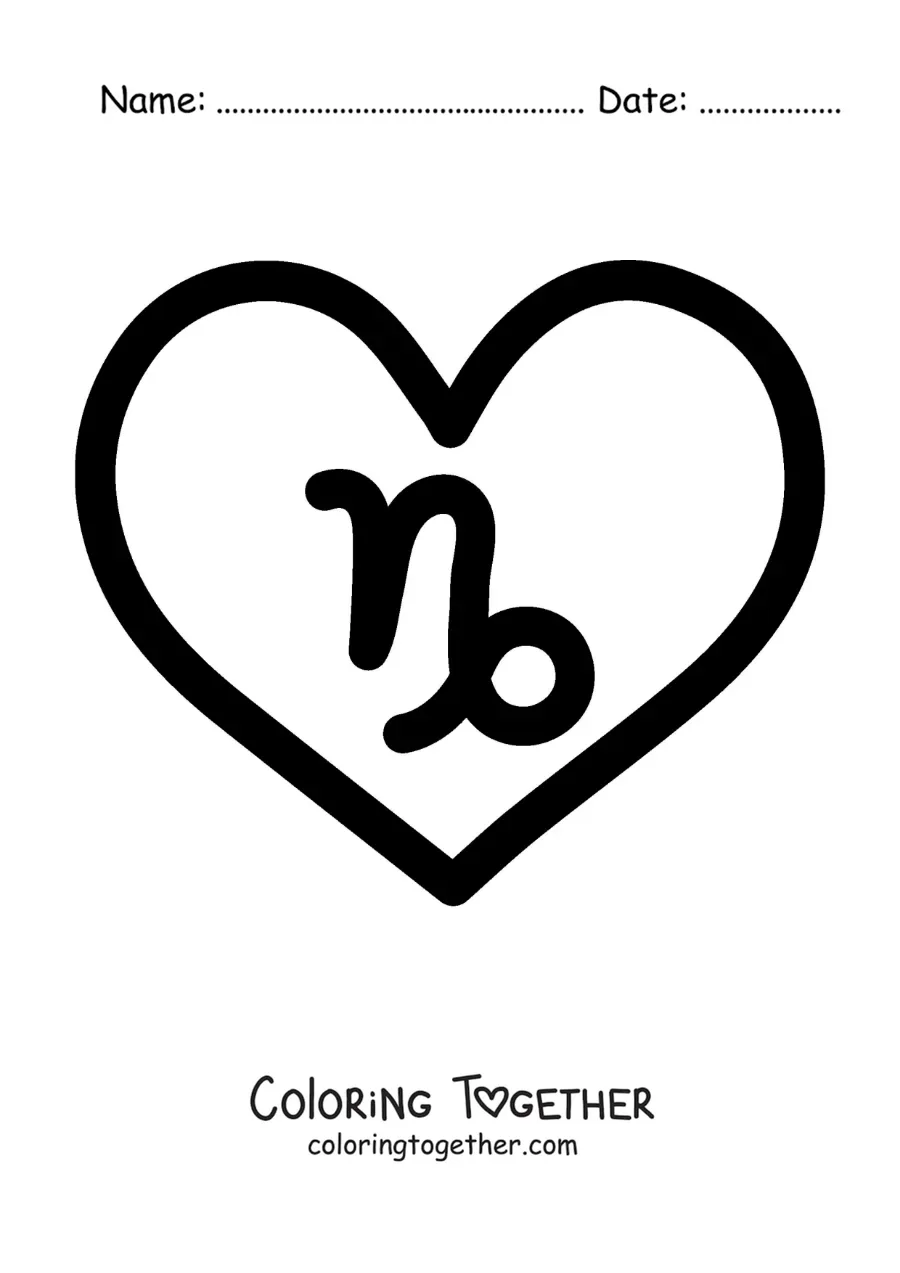 Coloring page of an easy Capricorn symbol in a heart