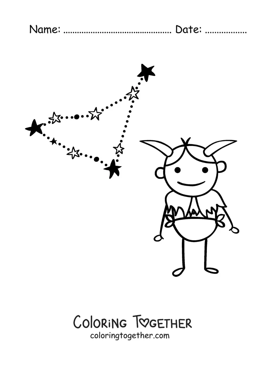 Coloring page of a cartoon of the Capricorn sign mythology and its constellation