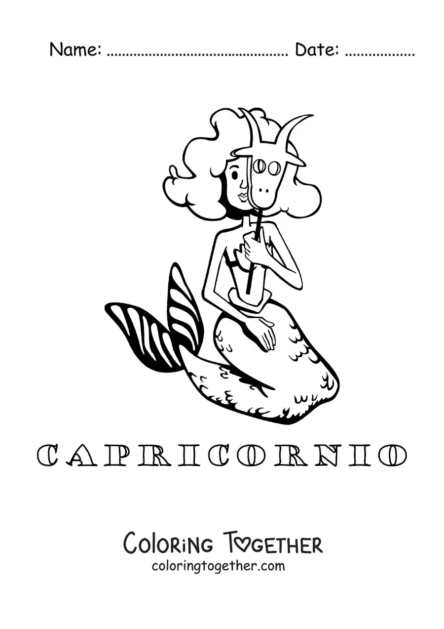 Coloring page of a cartoon of the Capricorn sign mythology with its name