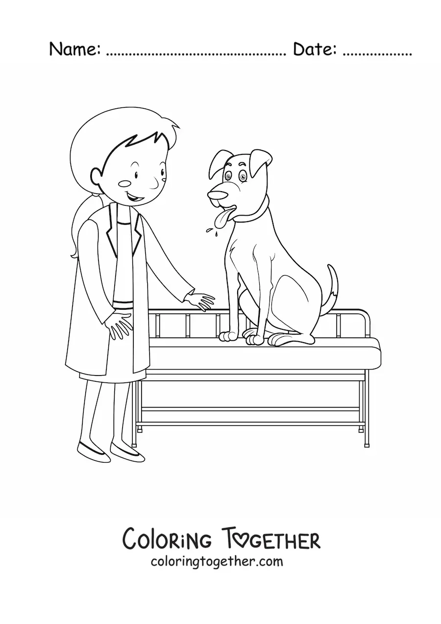 Coloring page of a woman vet with a dog on an exam table