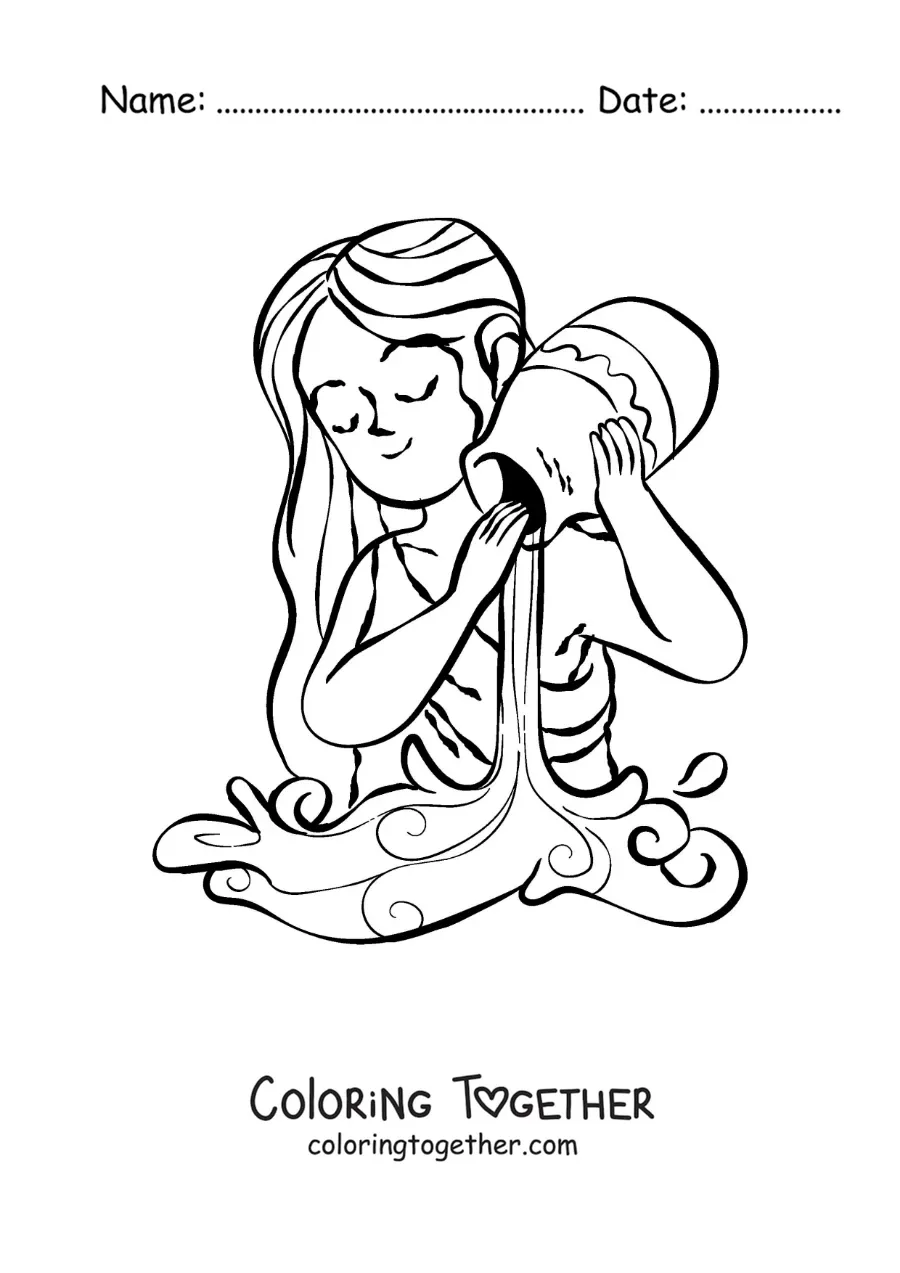 Coloring page of an animated girl of the Aquarius sign