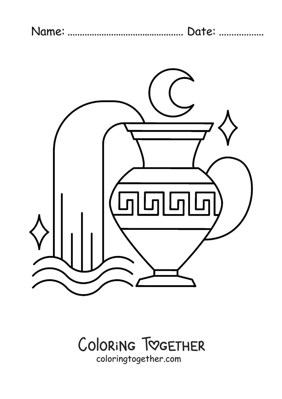 Coloring page of an animated Aquarius vessel with a moon