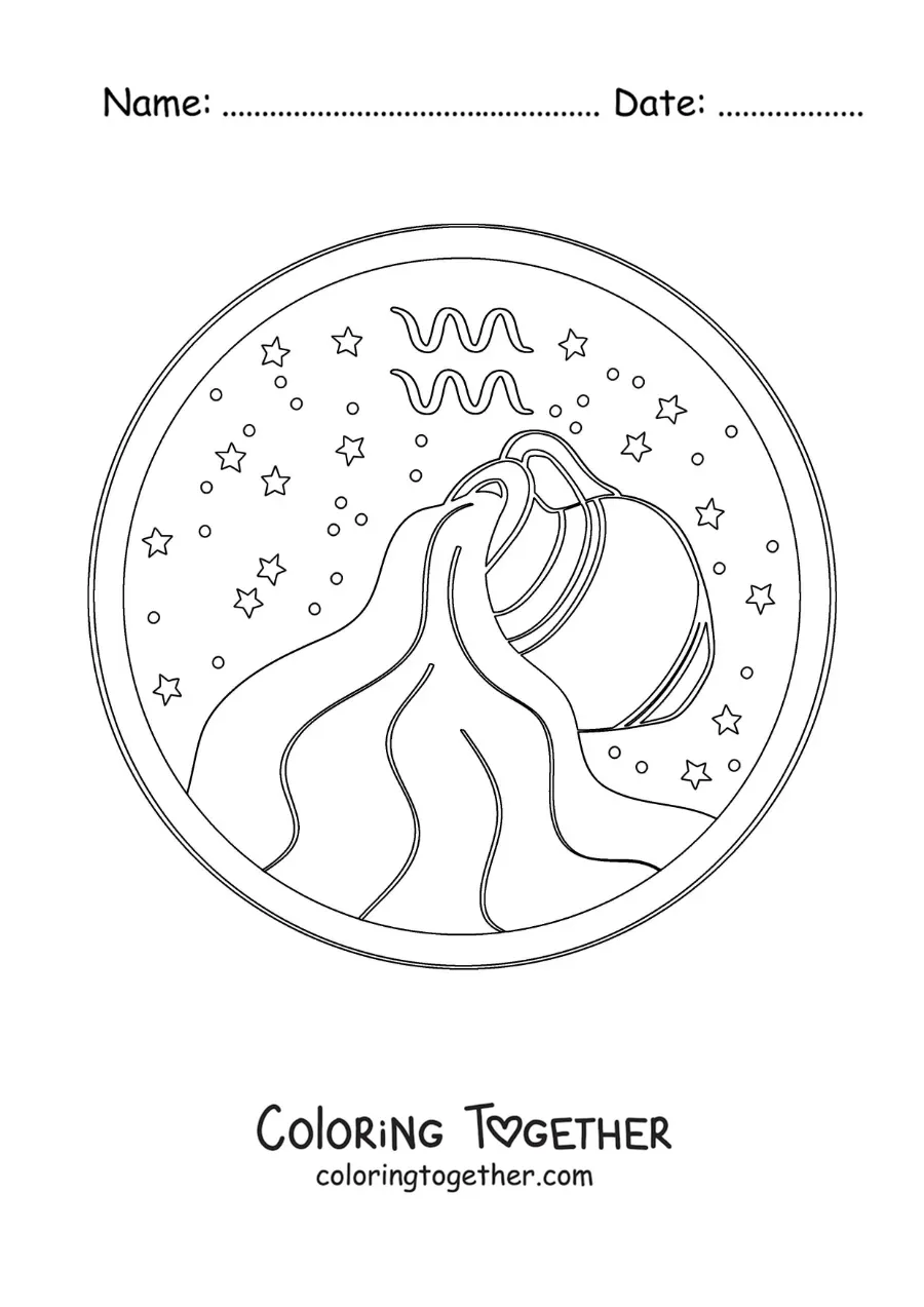 Coloring page of an Aquarius water vessel with its symbol