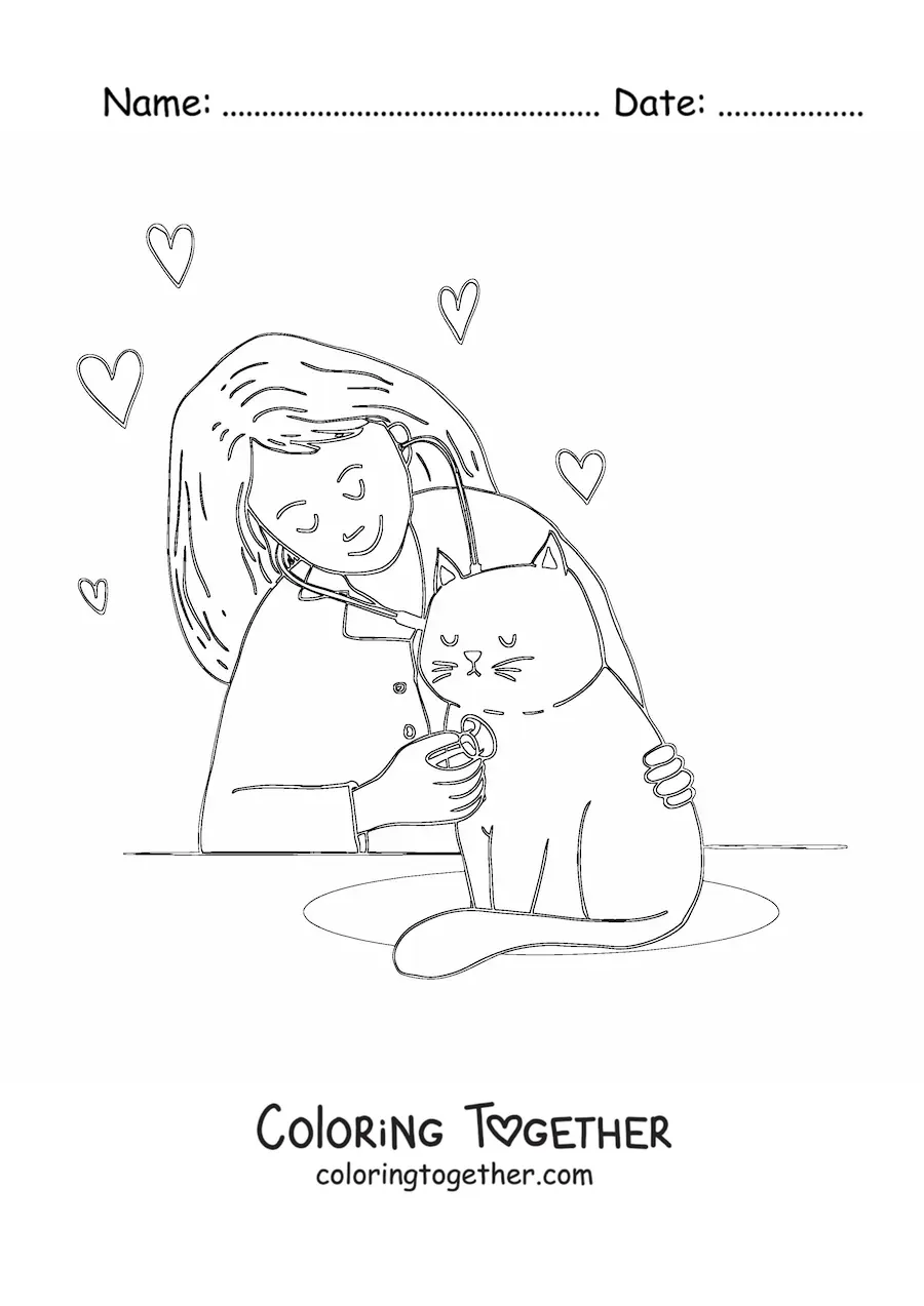 Coloring page of a woman vet listening to a cat with a stethoscope