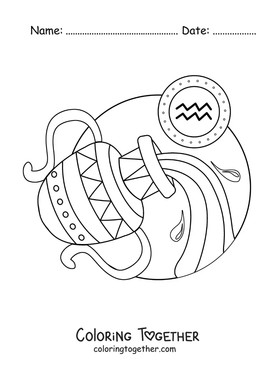Coloring page of an Aquarius vessel with its symbol pouring water