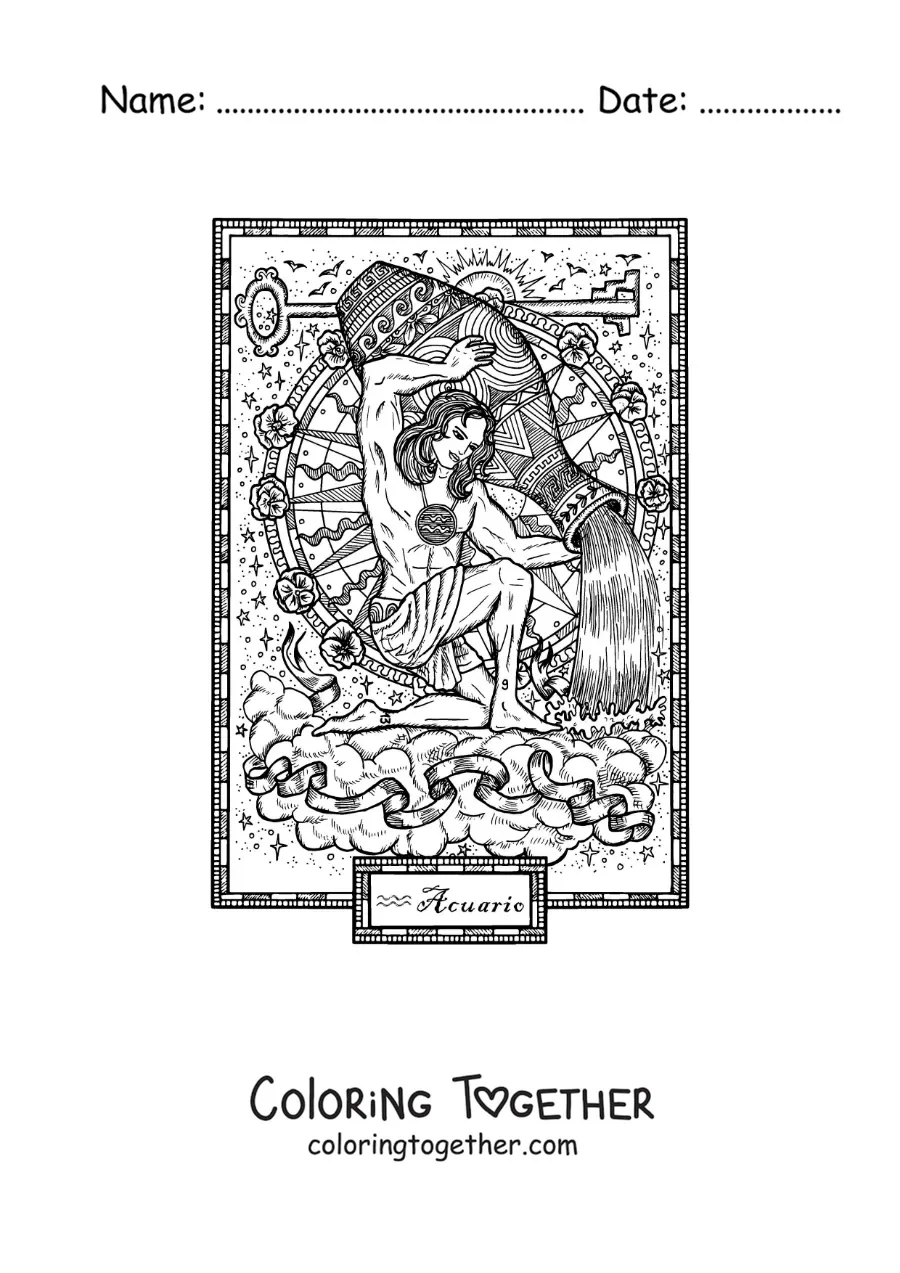 Coloring page of an Aquarius sign card