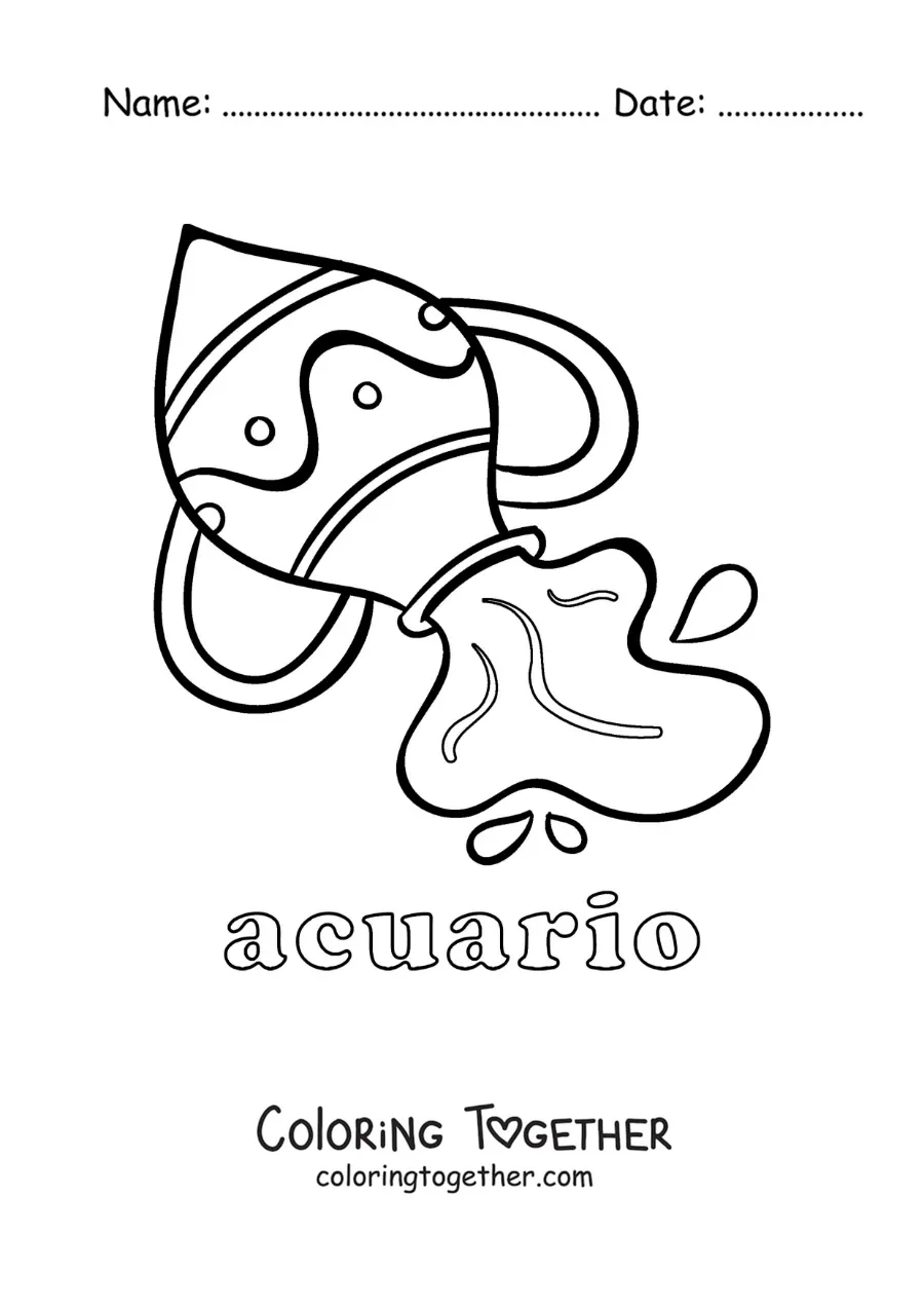 Coloring page of the Aquarius sign symbol with its name