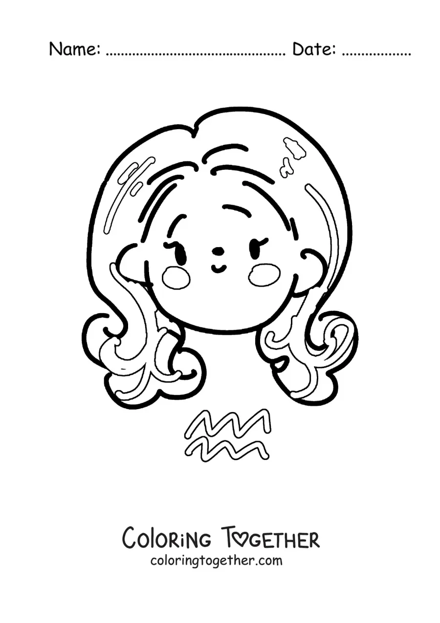 Coloring page of an animated kawaii girl of the Aquarius sign