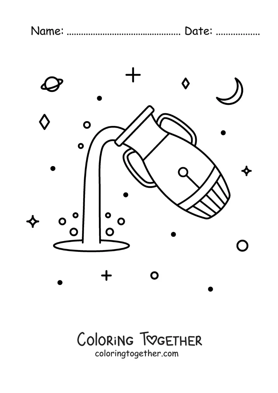 Coloring page of the Aquarius symbol with celestial bodies