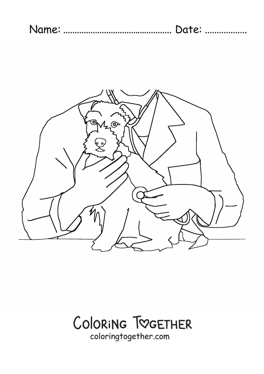 Coloring page of a vet listening to a dog with a stethoscope